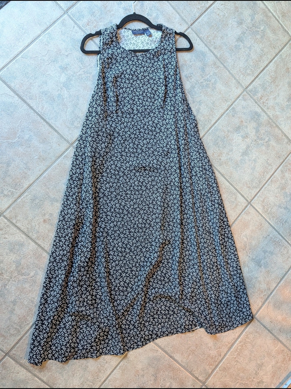 VTG Anne Klein II Petite Black Ditsy Floral Maxi Dress Size 6 90s Grunge Y2K